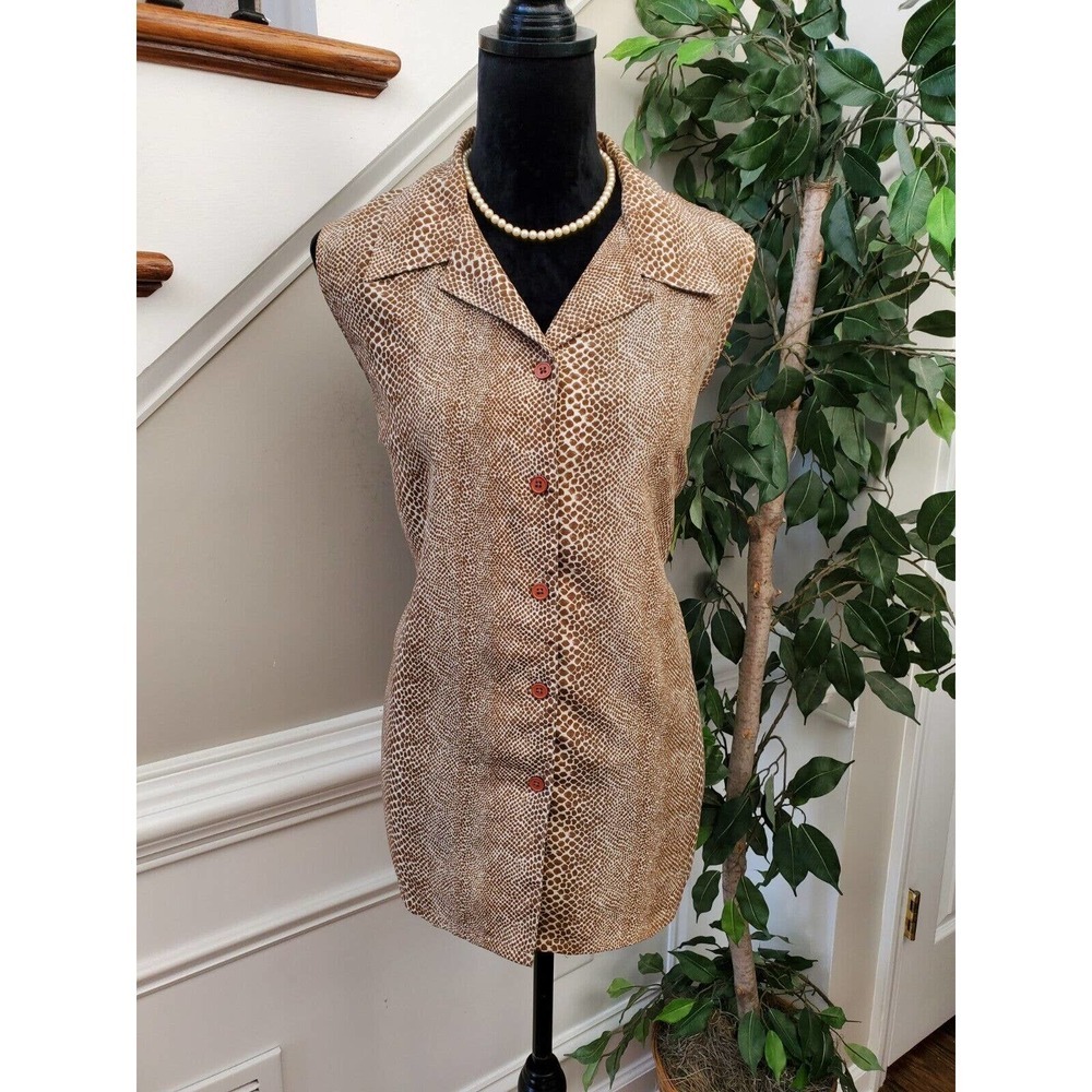 Mosaic Women's Brown Polyester Collared Sleeveless Buttons Down Shirt Size 14MP